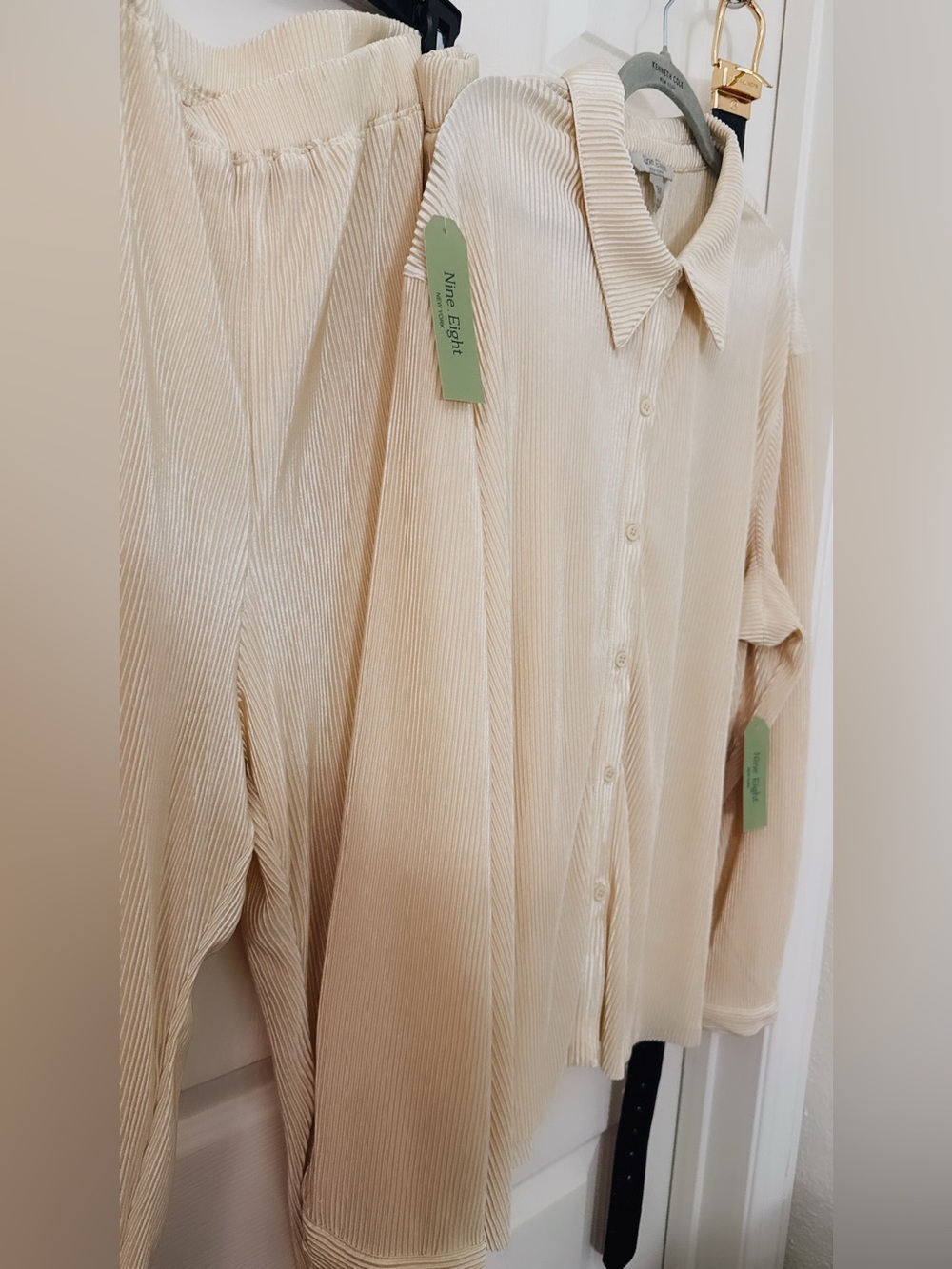 Cream Long-Sleeve silk Pleated Shirt pant set